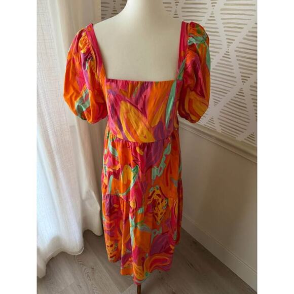 Crystal Sky Large Fruit Brush Floral Tiered Puff Short Sleeve Cotton Midi Dress - Picture 2 of 5